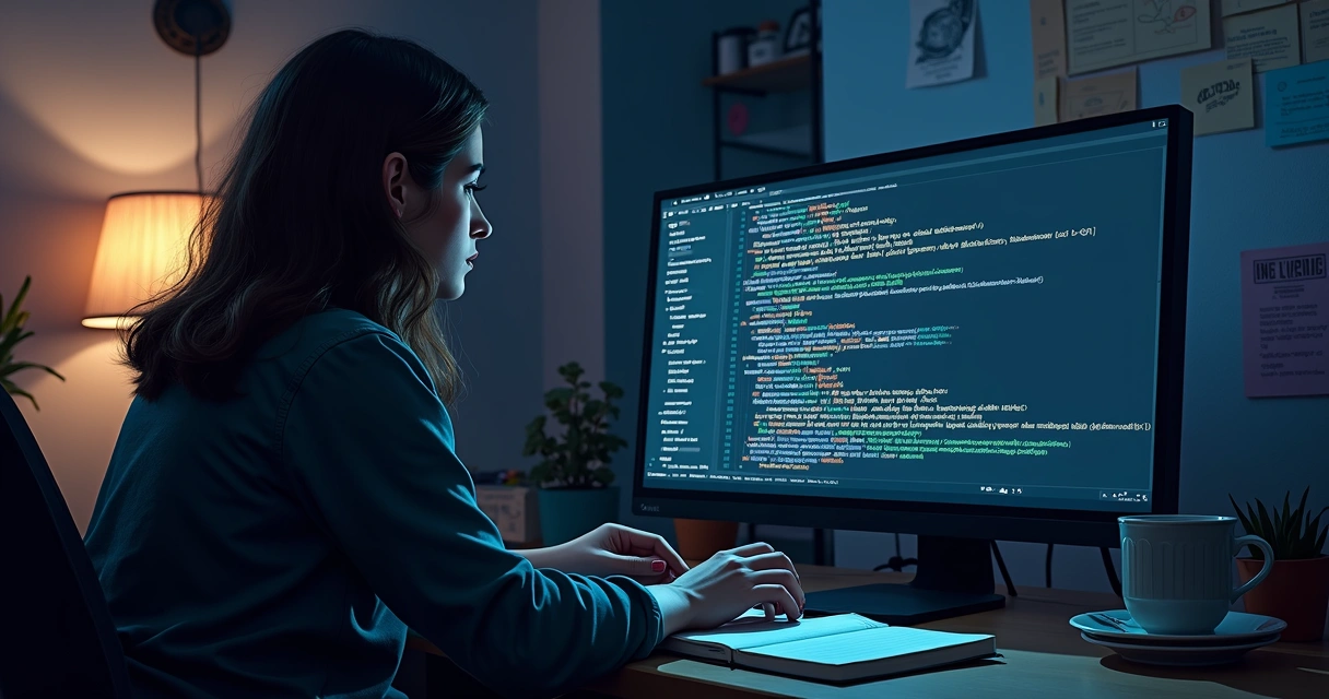 Desenvolvedor escrevendo script em tela com linhas de código 