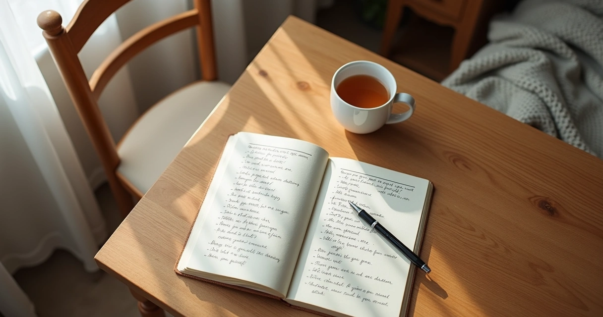 Caderno aberto com escrita reflexiva e caneca ao lado