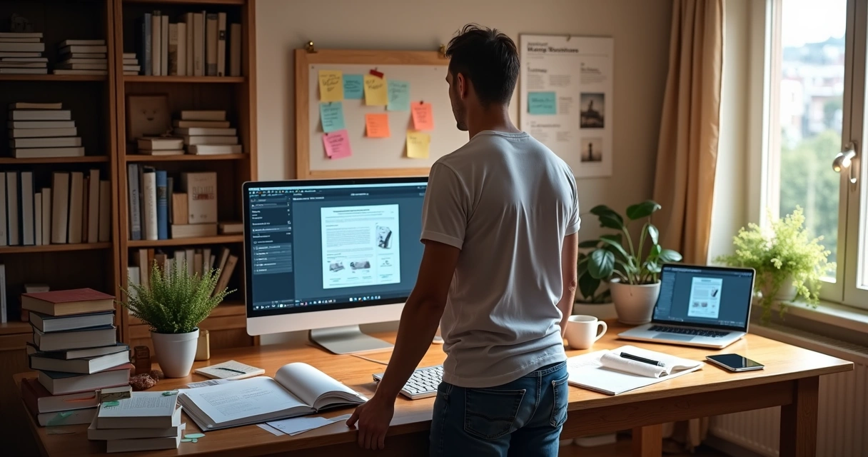 Autor independente em home office cercado por livros físicos e telas digitais de autopublicação 
