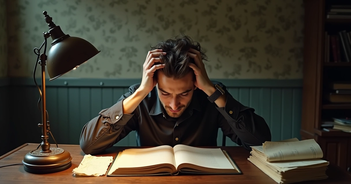 Escritor sentado à mesa frustrado com folhas amassadas ao redor 