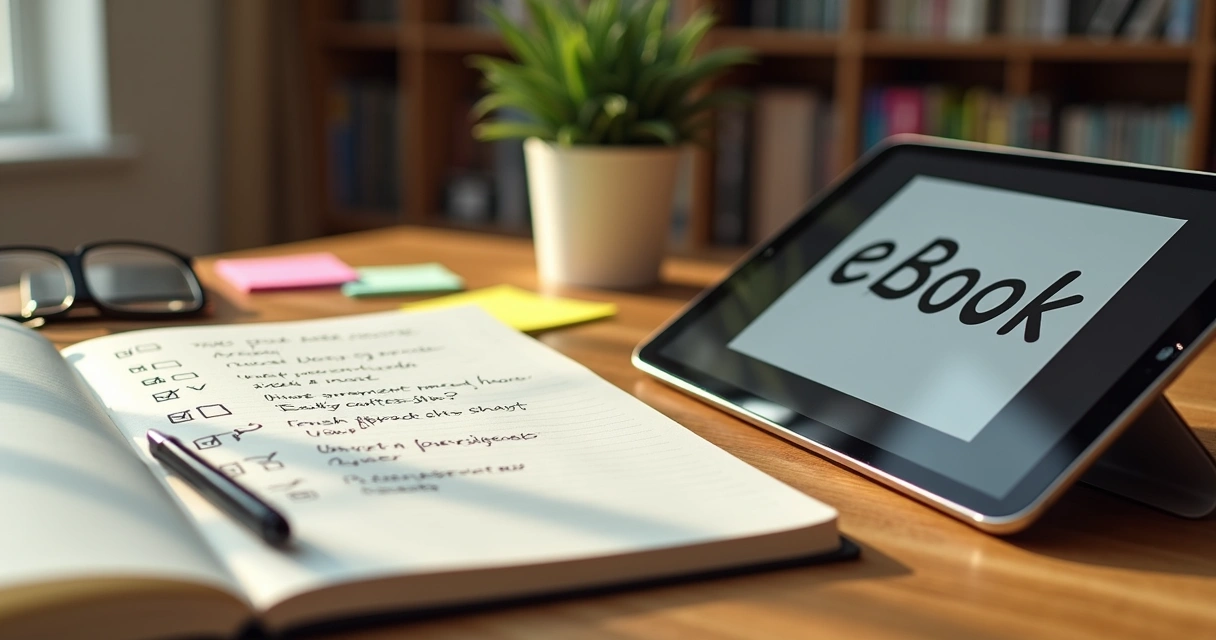Escritor revisando checklist detalhado ao lado de um ebook no tablet 