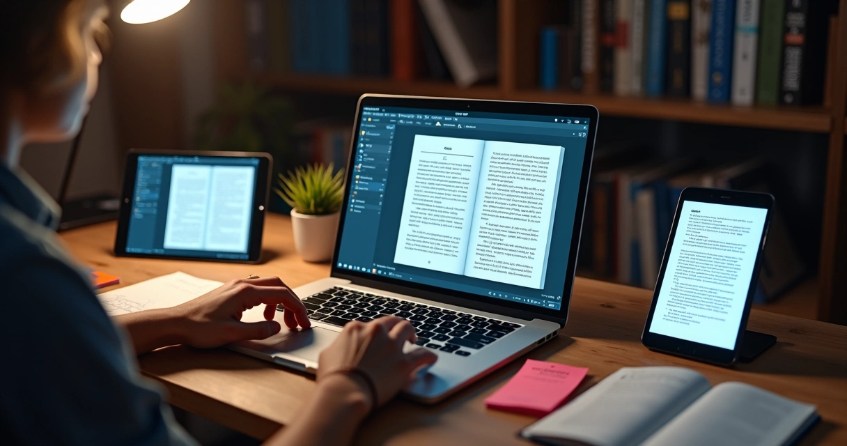 Autor ajustando o design de um ebook em telas com prévia em tablet e smartphone 