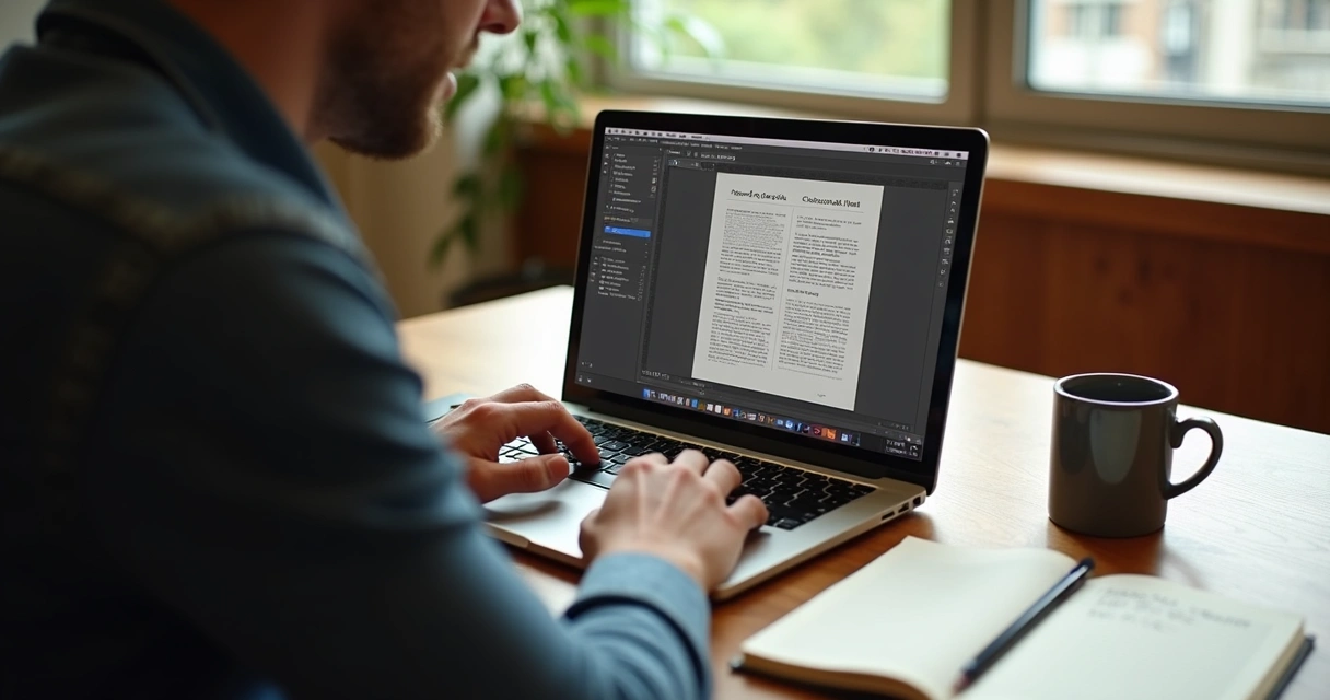 Escritor diagramando livro digital em laptop com café ao lado 