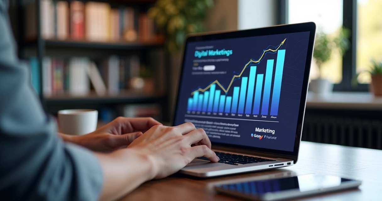 Pessoa digitando em notebook com textos e gráficos de marketing digital na tela 