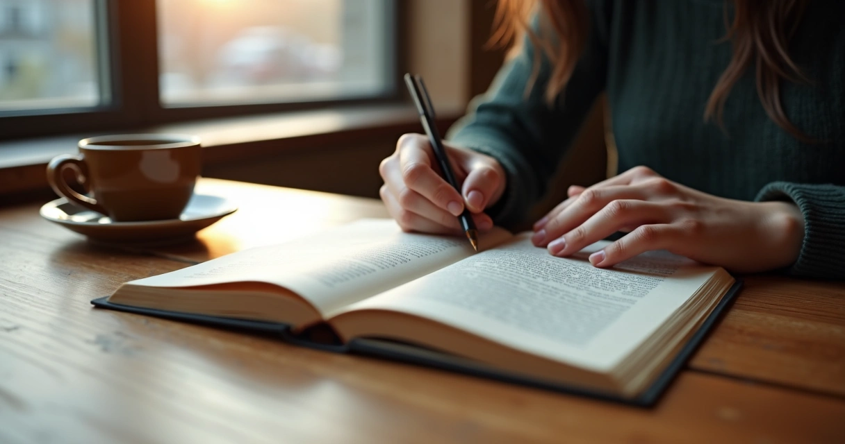 Pessoa escrevendo uma crônica em um caderno sobre uma mesa com livro aberto e xícara de café 