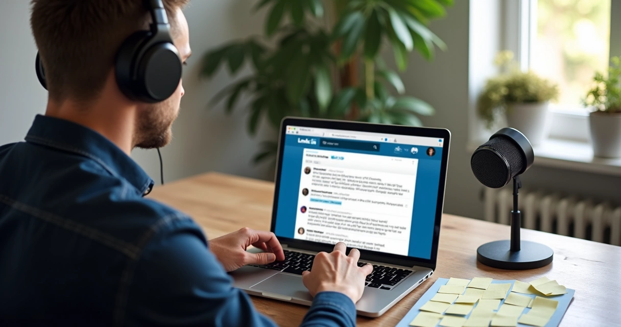 Ghostwriter IA trabalhando texto para LinkedIn em notebook com áudio 