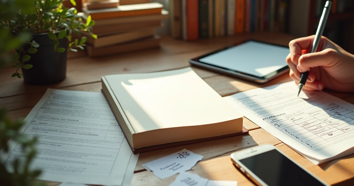 Escritor independente organizando rascunhos e livros em mesa criativa 