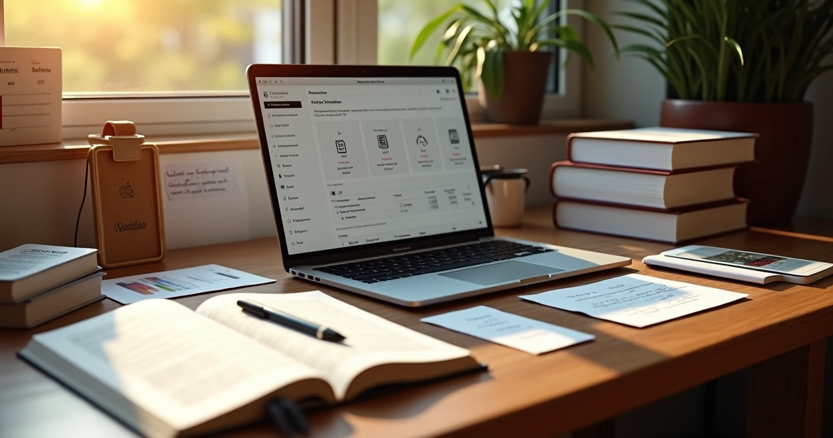 Escritor independente cercado por versões digitais e impressas do próprio livro 
