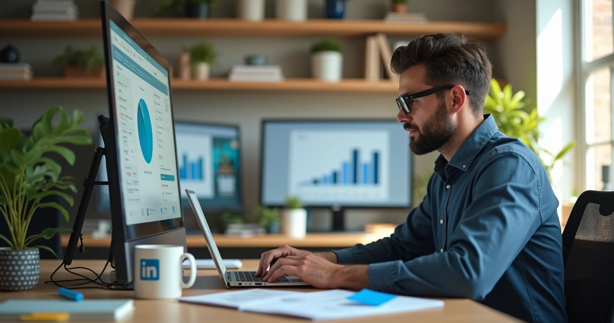 Profissional digitando em notebook cercado de anotações e gráficos 