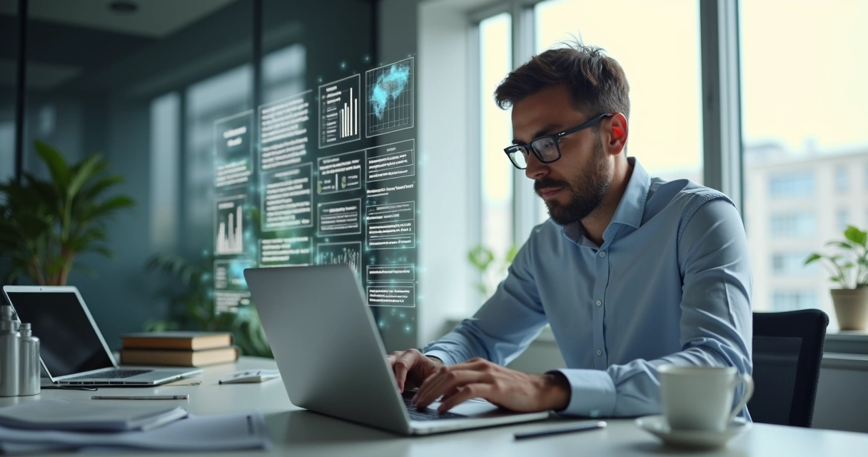 Homem digitando em notebook com interface digital de IA ao fundo, mesa de trabalho moderna 