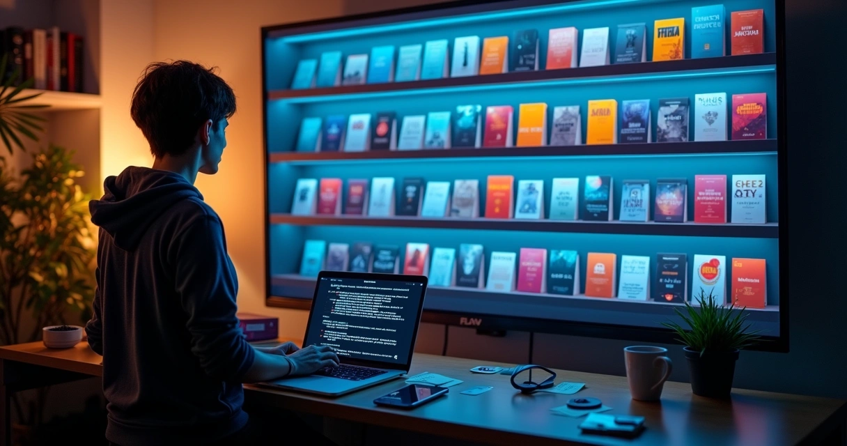 Escritor observando estante digital de covers de ebooks flutuando 
