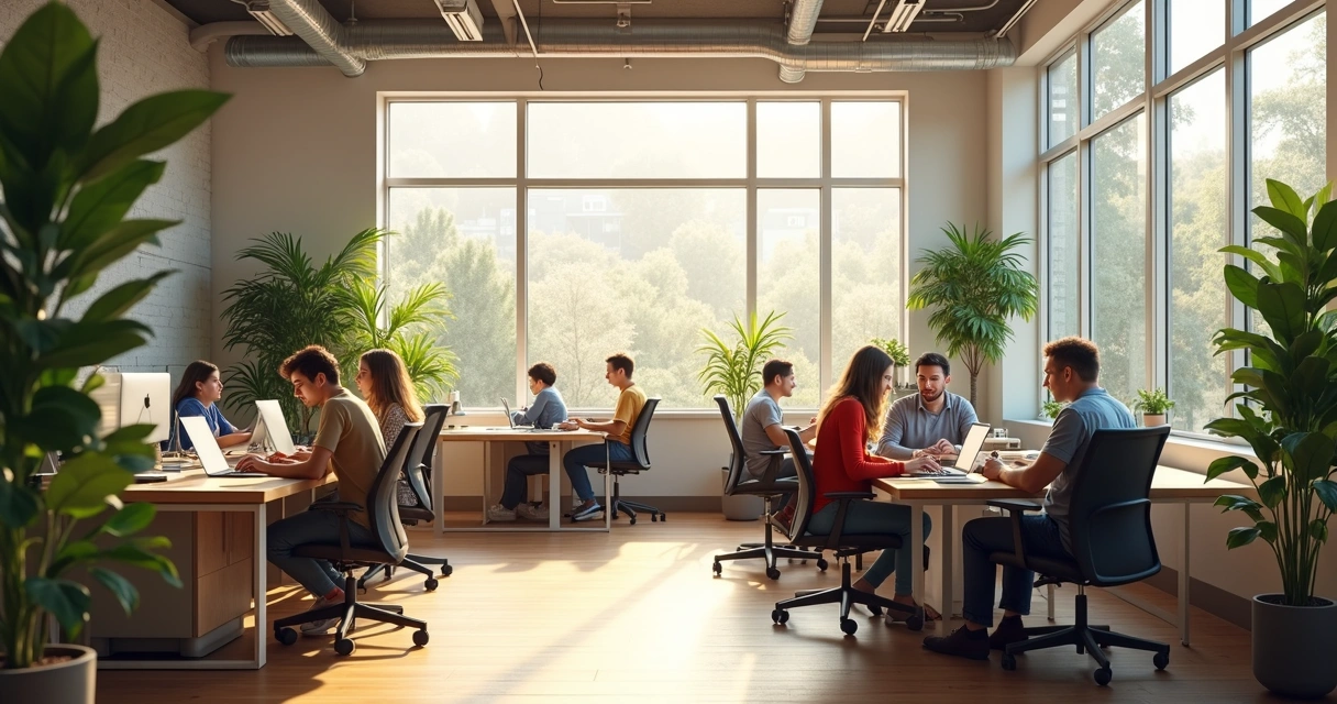 Ambiente de escritório moderno com plantas, luz natural e pessoas trabalhando em harmonia. 