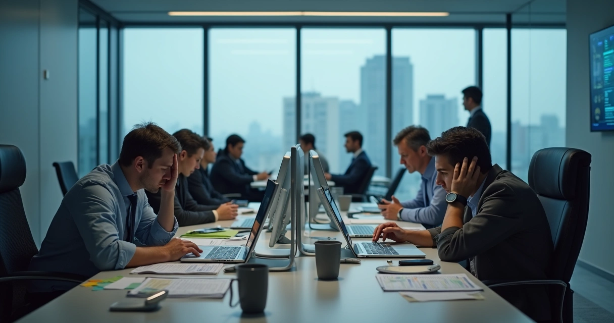 Equipe em escritório moderno aparentando exaustão e sobrecarga de trabalho 