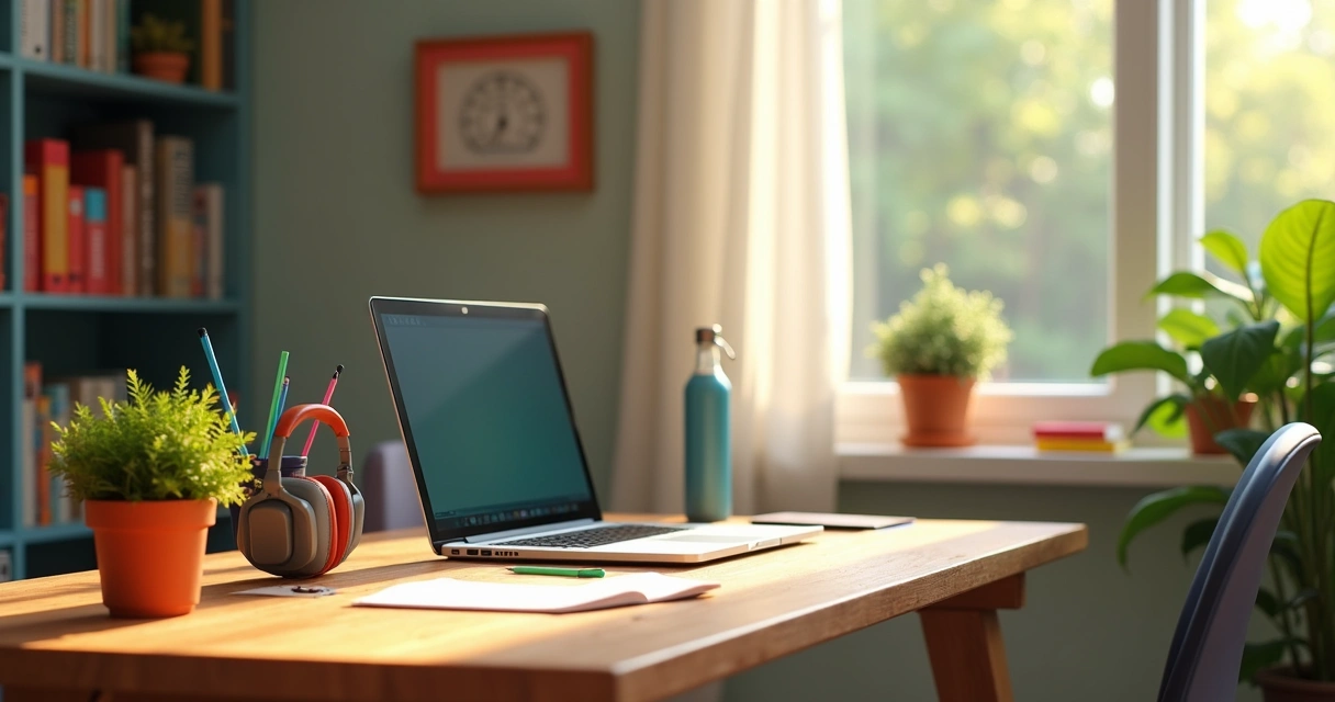 Cantinho de trabalho adaptado para adulto neurodivergente, mesa organizada com objetos sensoriais 