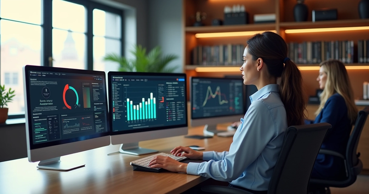 Ambiente moderno de escritório de advocacia com equipe trabalhando em computadores e telas com gráficos e fluxos automatizados 