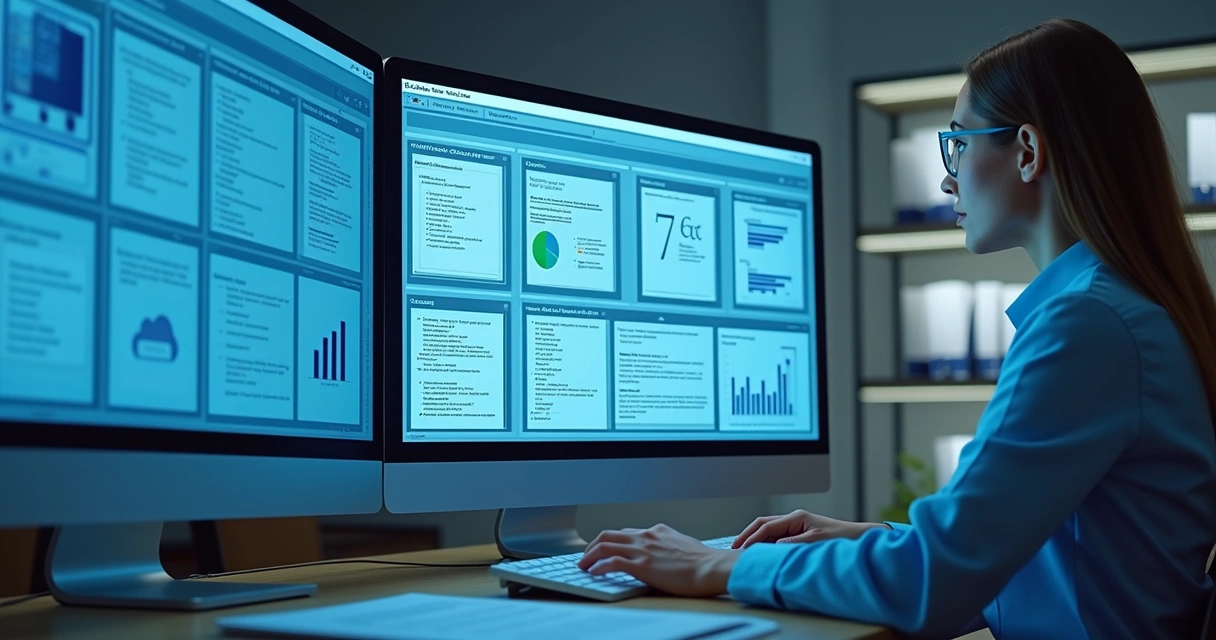 Advogado ao computador analisando documentos digitais, telas com gráficos azuis e listas de tarefas. 