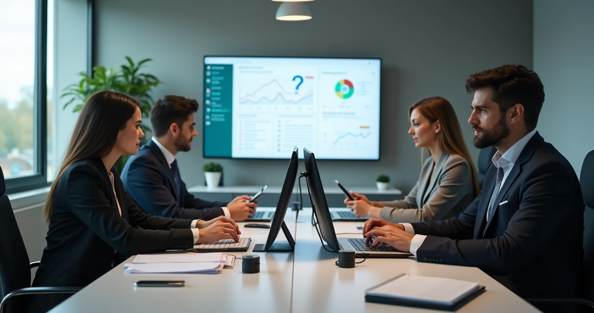 Pequeno escritório de advocacia com equipe usando ferramentas digitais e WhatsApp. 