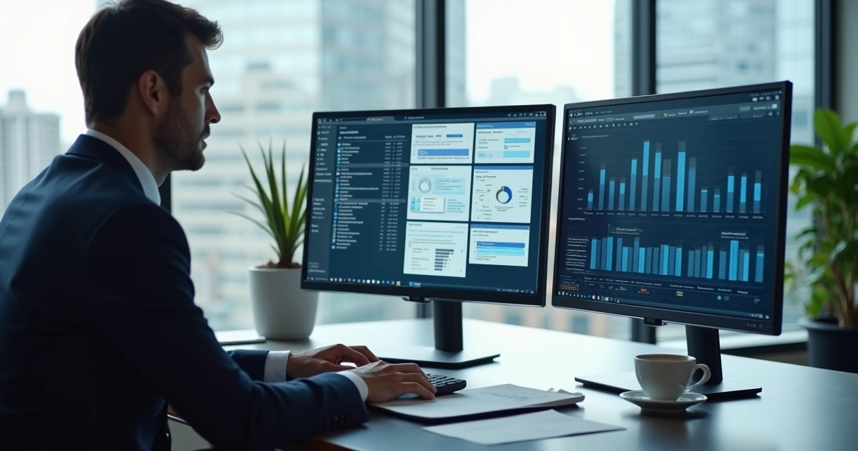 Advogado trabalhando com duas telas e gráficos digitais 