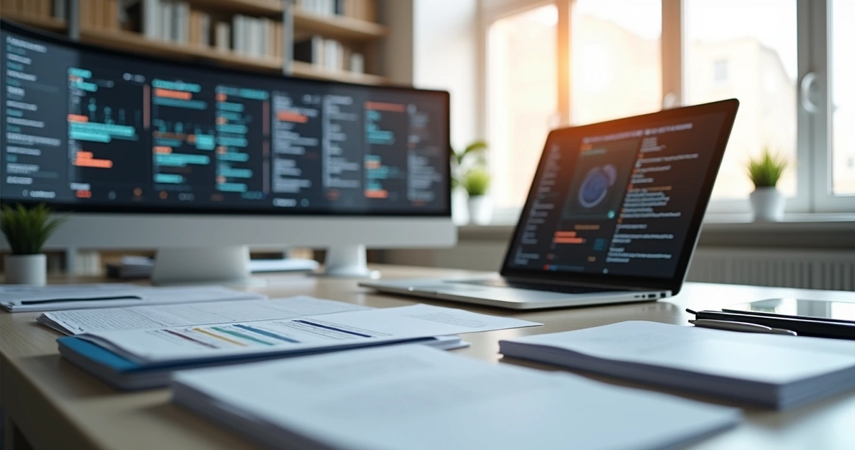 Ambiente de escritório de advocacia digital com computador, papéis organizados e documentos digitalizados 