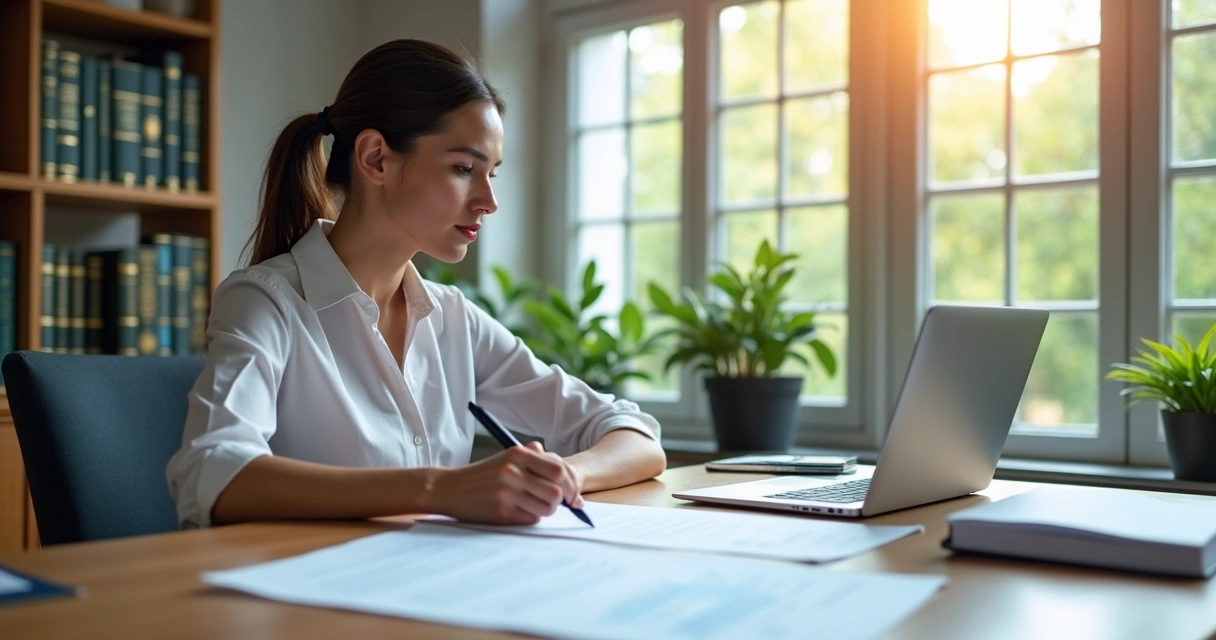 Advogada revisando contrato imobiliário em mesa de escritório. 
