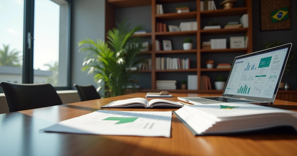 Escritório moderno e sofisticado de advocacia com livros e documentos jurídicos organizados na mesa 