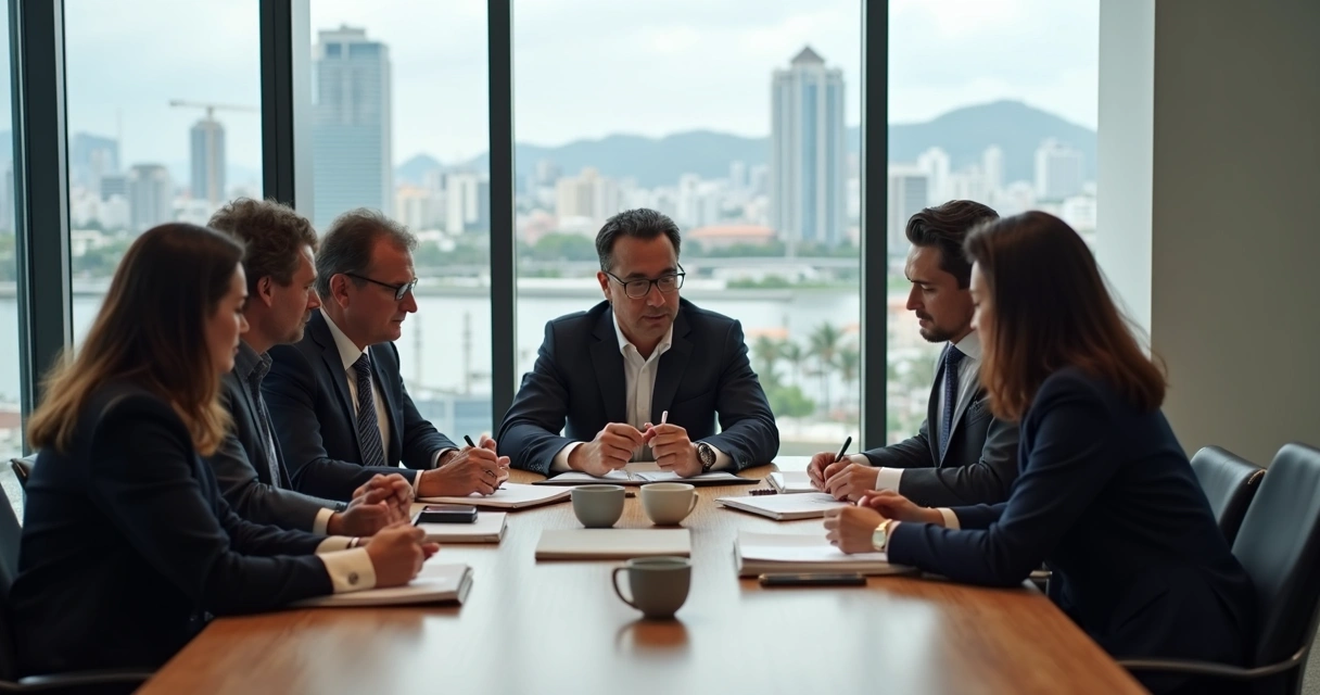 Advogados reunidos em sala moderna com documentos, notebooks e tablets 