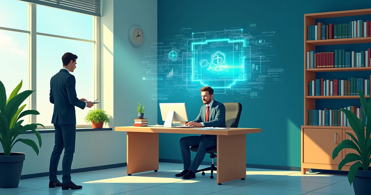 Escritório de advocacia moderno com computador, documentos, livros e holograma de algoritmo enfatizando ética e segurança.