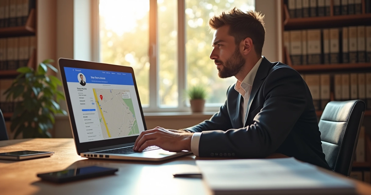 Advogado trabalhando em computador com página do Google Meu Negócio aberta 