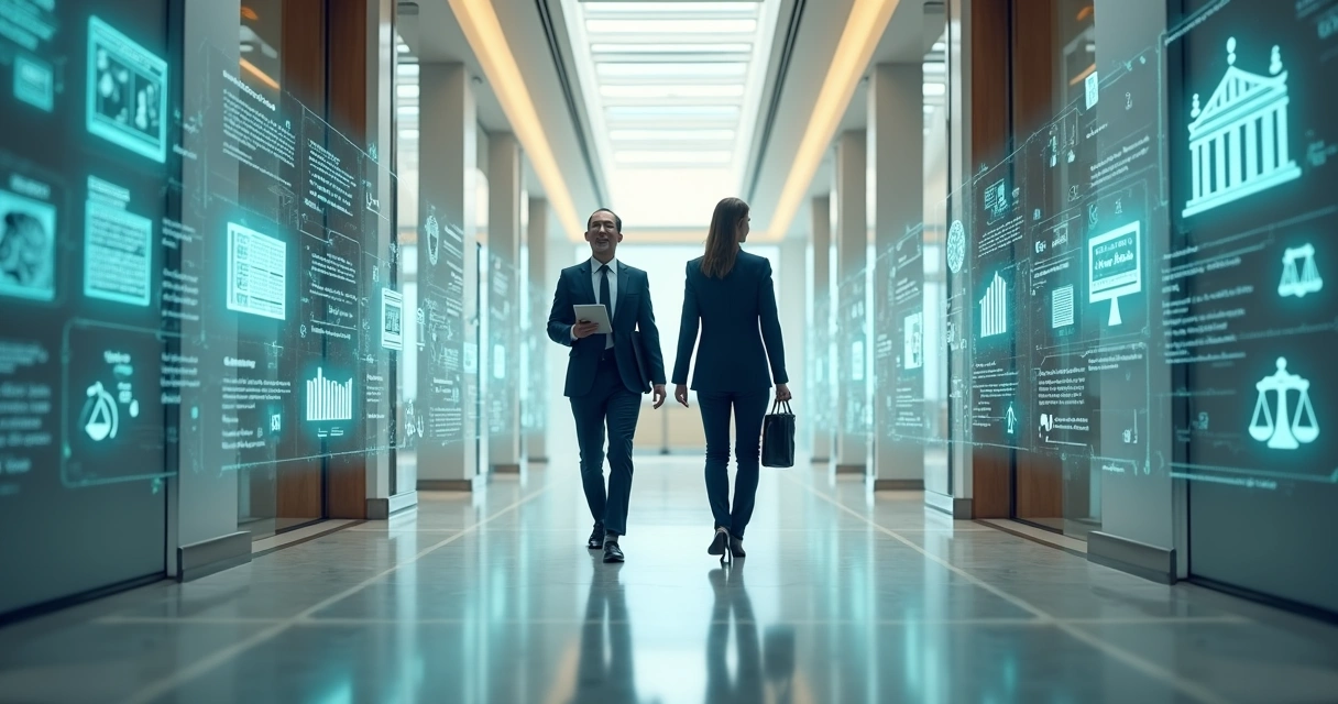 Advogados caminhando por corredor com telas digitais de IA e fluxos jurídicos ao redor 