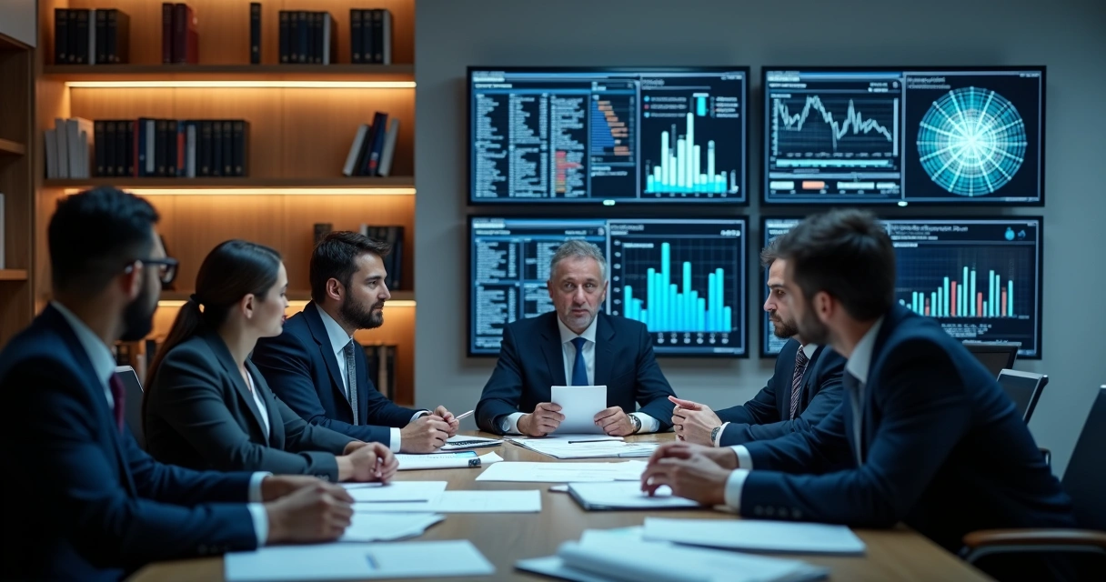 Ambiente de escritório de advocacia com computadores exibindo dashboards de IA, advogados trabalhando juntos analisando documentos e telas 