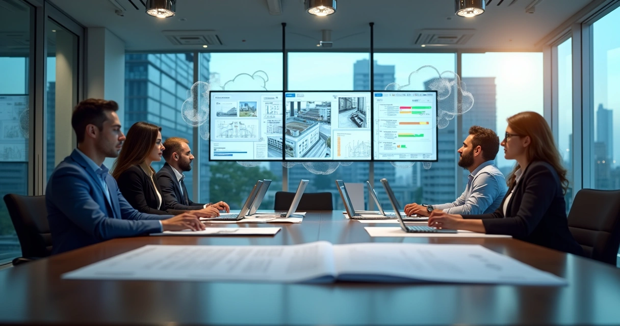 Escritório moderno de advocacia imobiliária com pessoas conversando e computadores na mesa. 