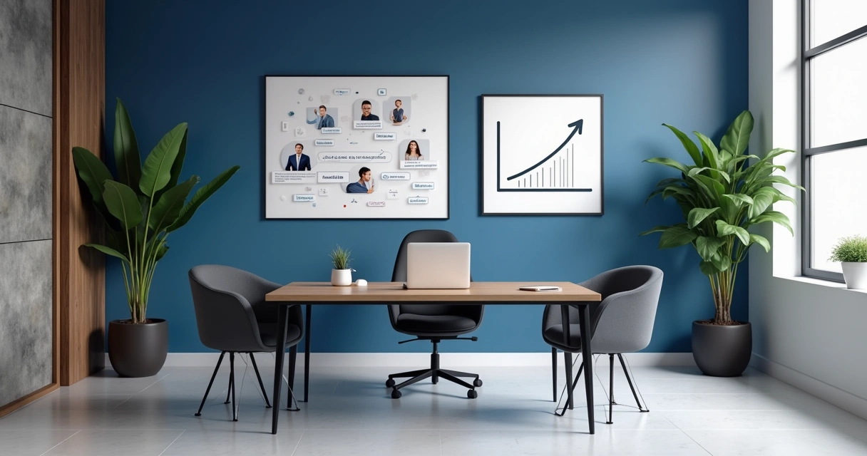 Ambiente de escritório de advocacia moderno com mesa, laptop e quadro de indicações e agradecimentos.