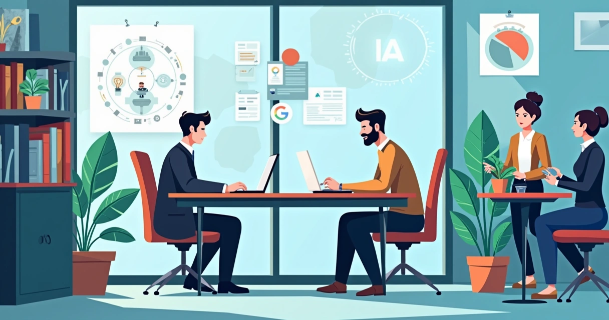 Advogado trabalhando com IA em escritório moderno, com gráficos e ambientes colaborativos.
