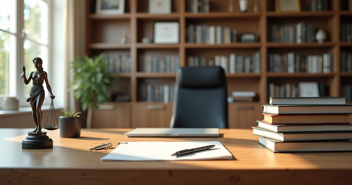 Mesa de escritório com livros jurídicos, computador e itens de advocacia 