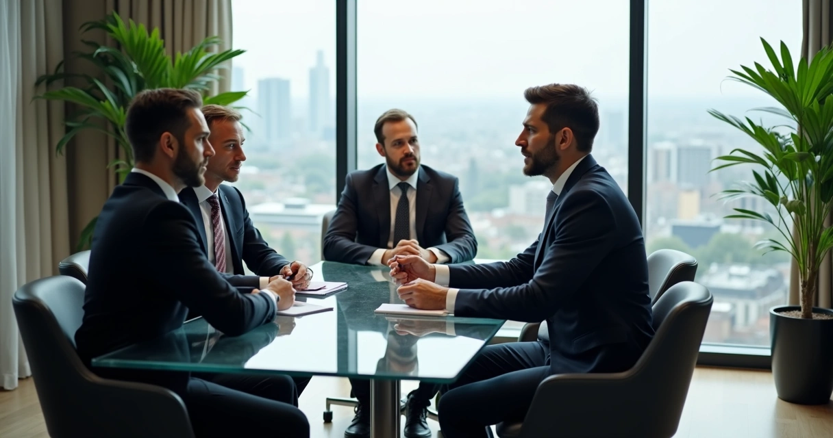 Sala de reunião de escritório de advocacia com jornalista entrevistando advogados 