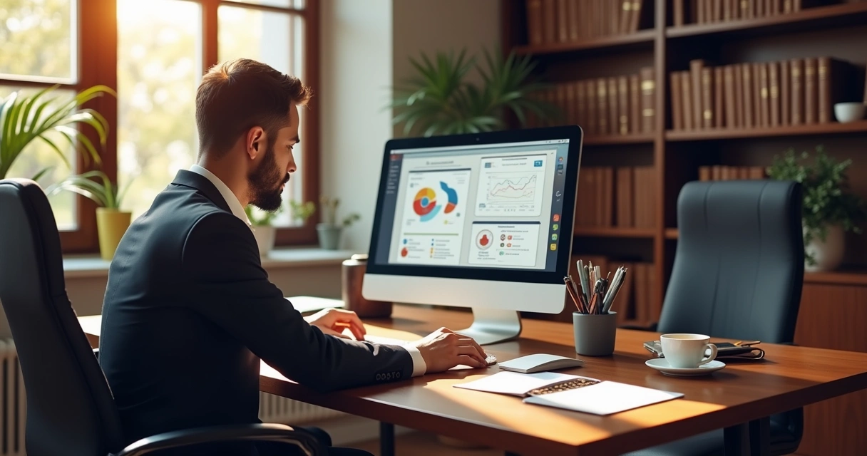 Escritório de advocacia moderno com advogado usando laptop e assistente virtual na tela.