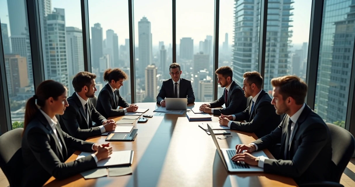 Advogados reunidos em escritório moderno com vista da cidade de São Paulo 