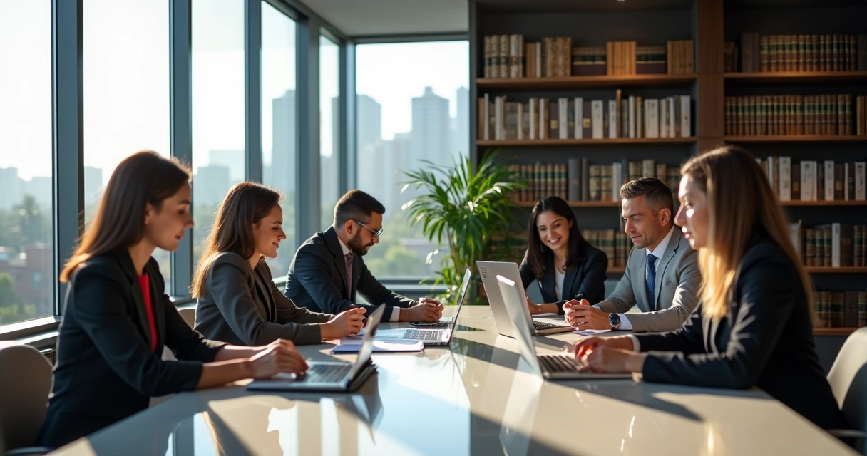 Sala de reunião elegante com advogados analisando documentos digitais 