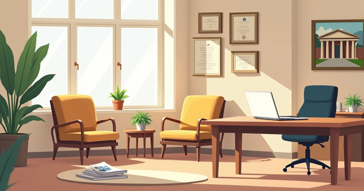 Ilustração de um escritório de advocacia pequeno, organizado e acolhedor com mesa moderna e área de espera confortável.