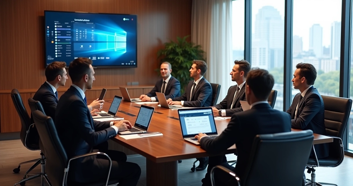 Mesa de reunião de escritório de advocacia sofisticado com equipamentos digitais 