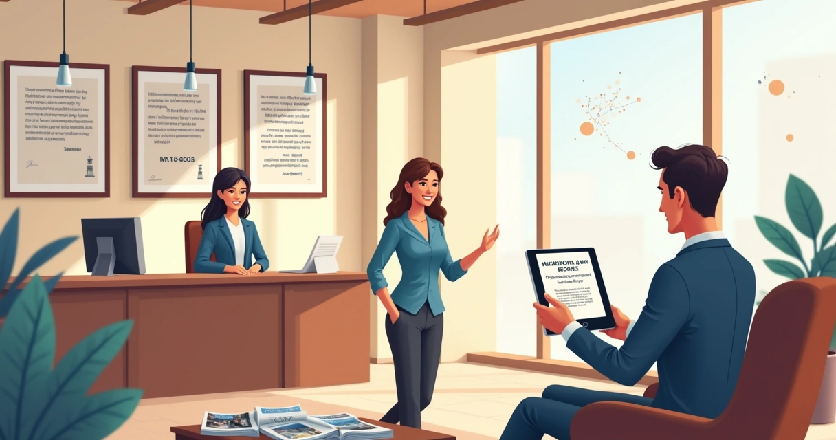 Ilustração de escritório de advocacia moderno com cliente e advogado discutindo programa de indicações.