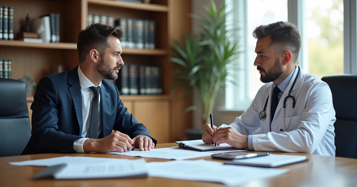 Advogado e médico discutindo juntos documentos em uma sala de escritório 