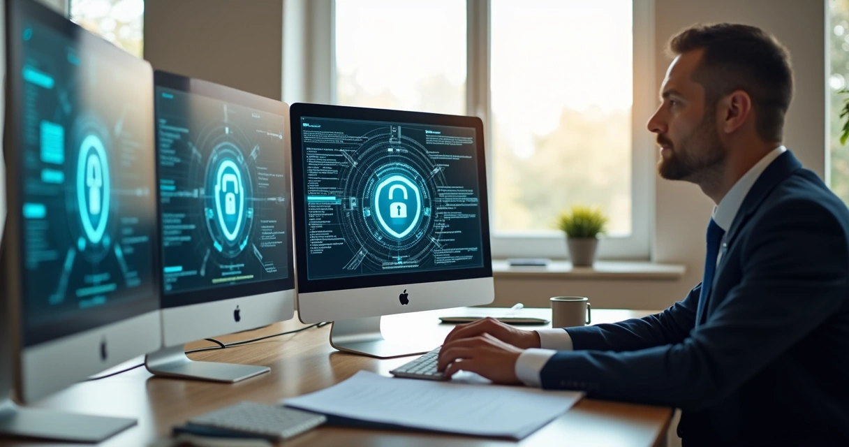 Advogado trabalhando em escritório seguro com computadores e documentos protegidos 