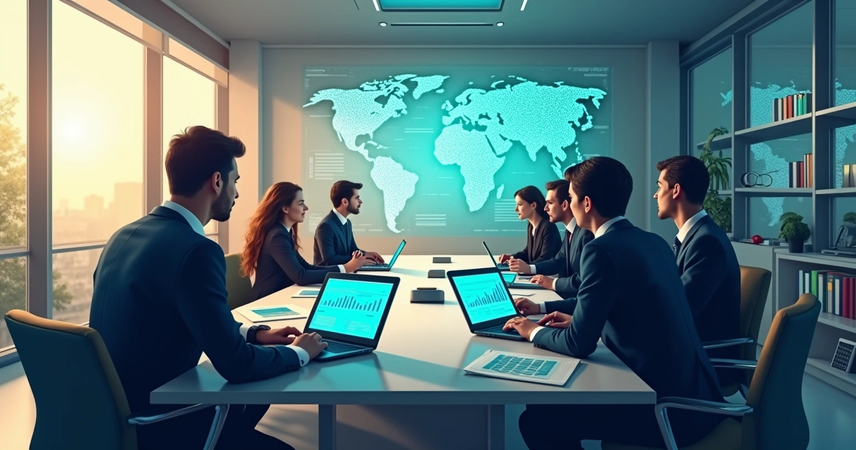 Advogados discutindo em escritório moderno com tecnologia IA, laptops e gráficos de análise de dados.