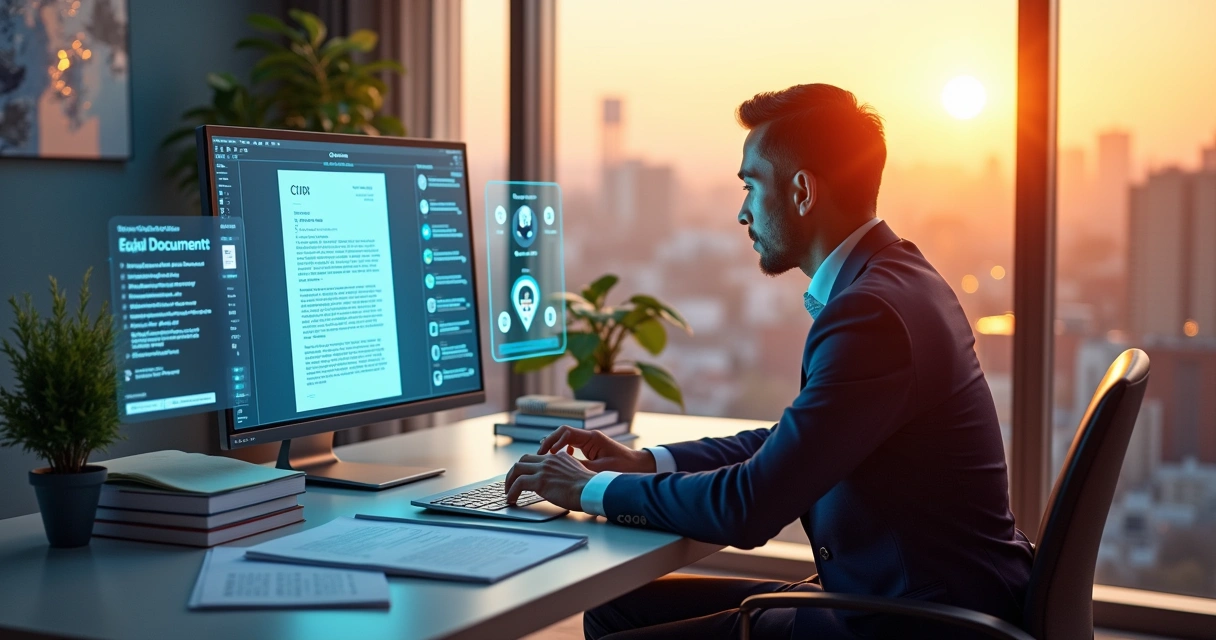 Escritório moderno de advocacia com advogado usando tecnologia avançada para elaboração de documentos.