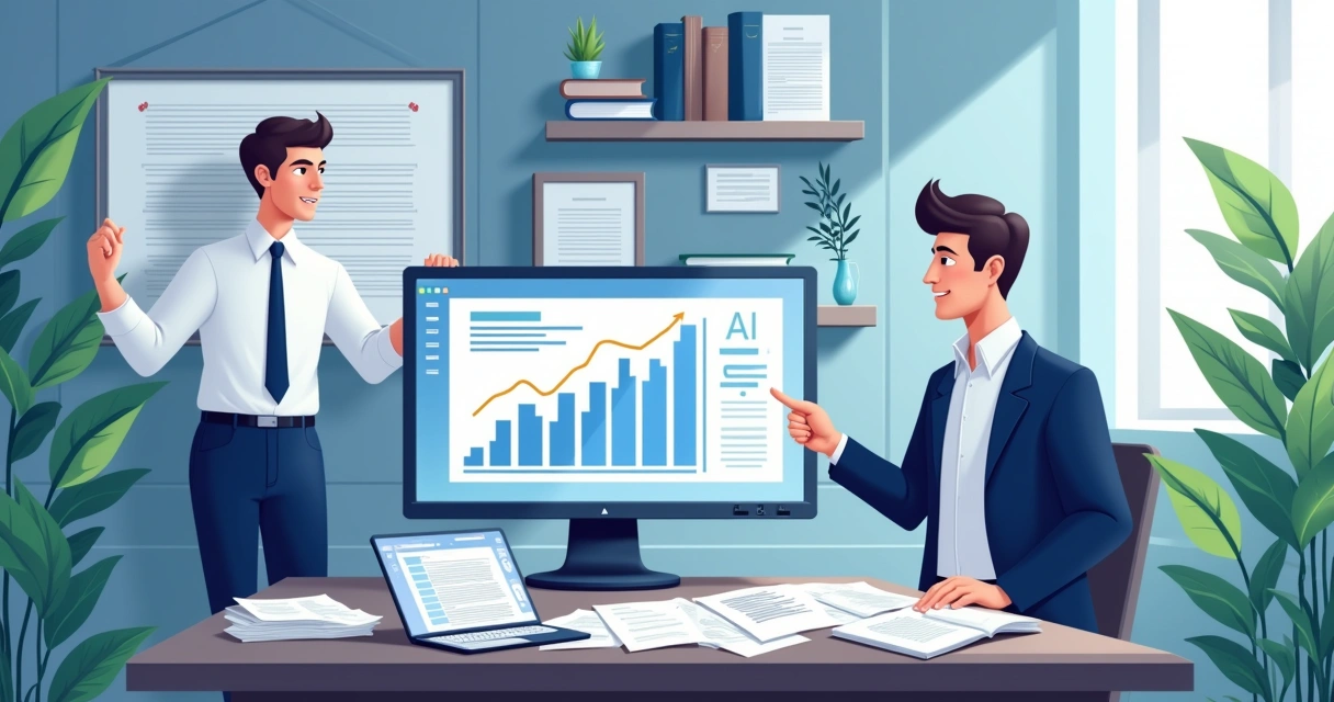 Ilustração de um escritório de advocacia moderno com tecnologia e um advogado usando ferramentas de IA.