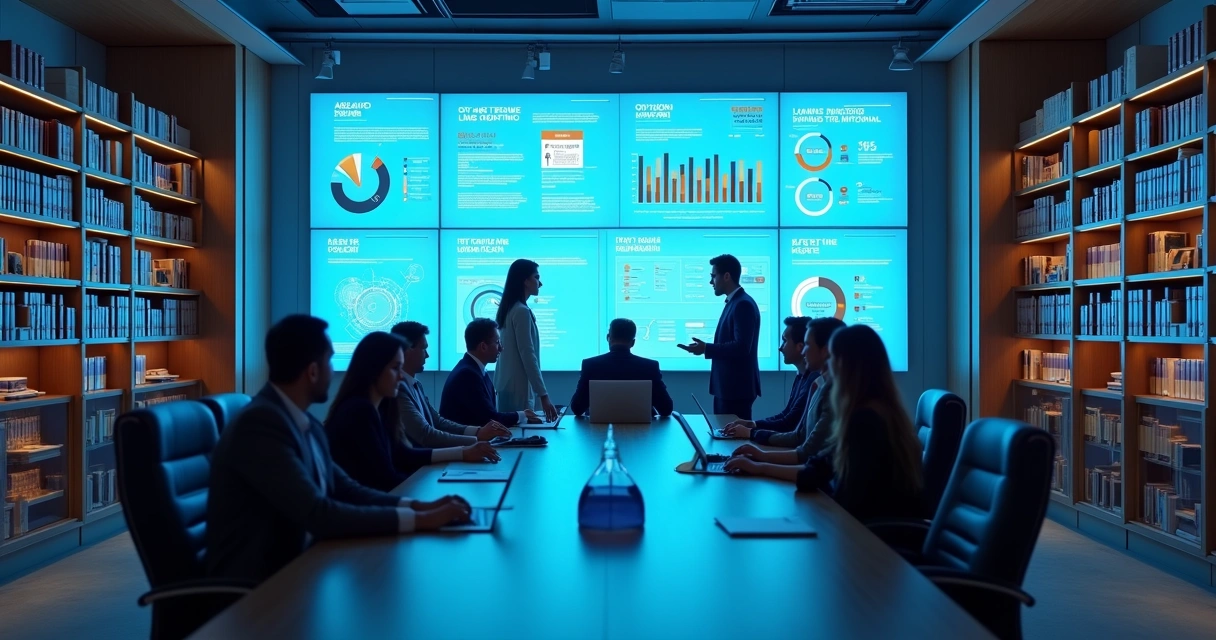 Sala de escritório de advocacia com tecnologia e telas digitais