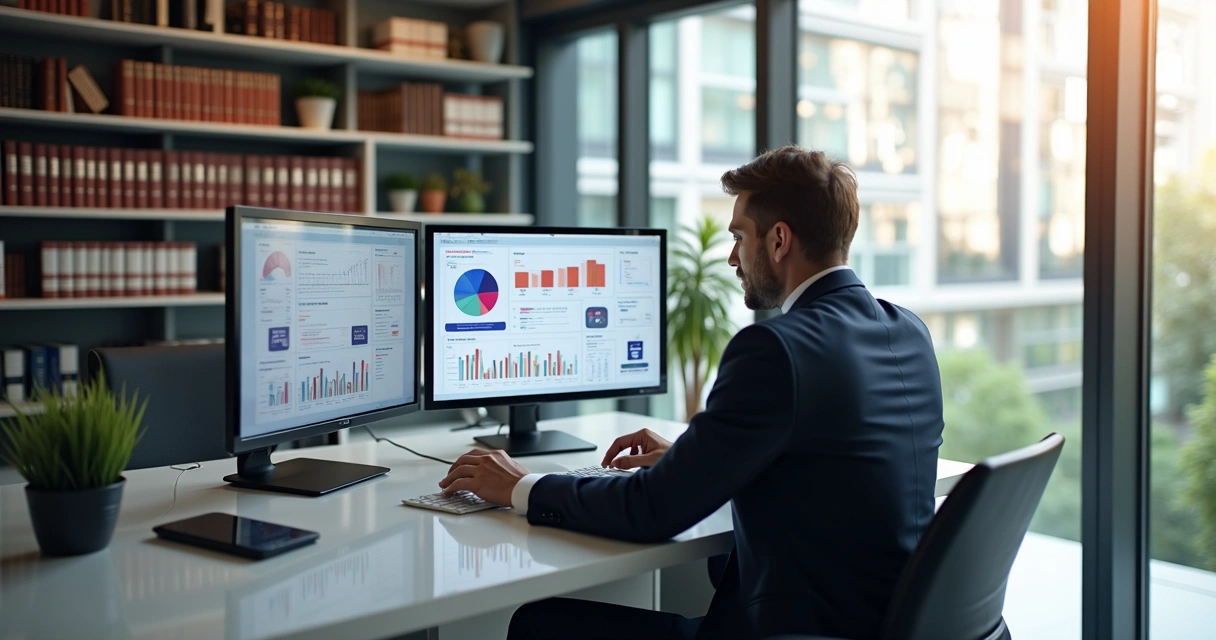Advogado em escritório moderno utilizando dois monitores, analisando documentos digitais e gráficos no computador 