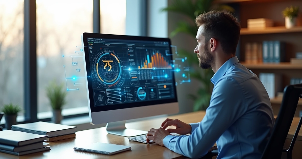 Advogado trabalhando em escritório moderno com computador e gráficos digitais na tela mostrando automação jurídica 