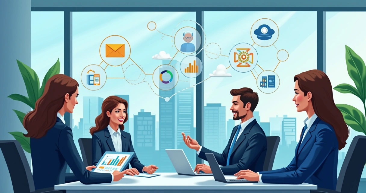Escritório de advocacia moderno com advogados utilizando tecnologia de IA e gráficos de dados.
